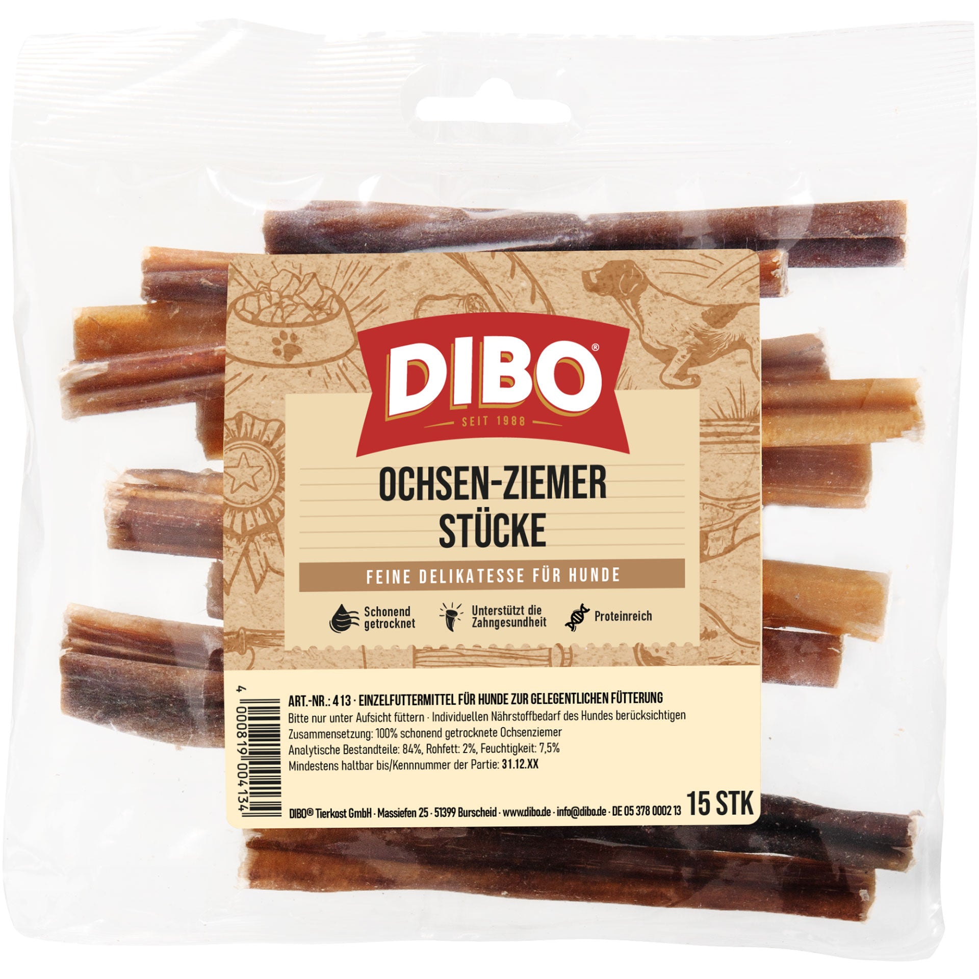 Dibo Ochsenziemer-Stücke 12cm, 15 Stück
