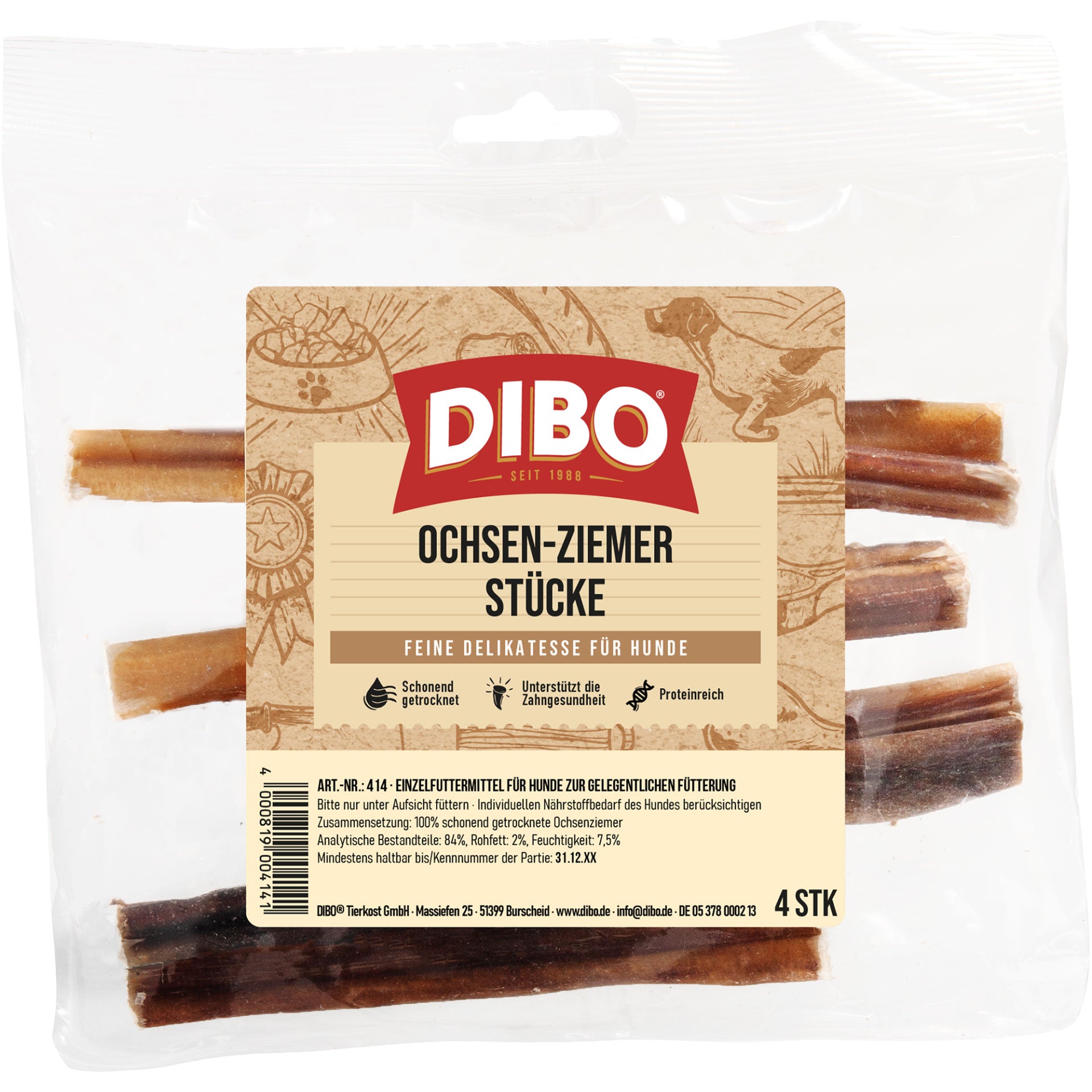 Dibo Ochsenziemer-Stücke 12cm, 4 Stück